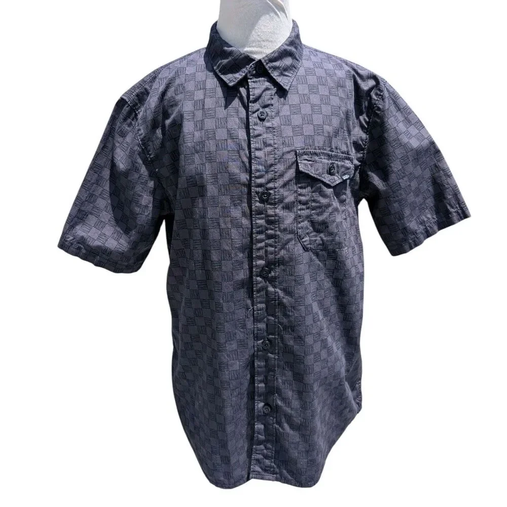 Vans Shirt Boys Size Large Gray Black Plaid Short Sleeve Button Up Pocket Skater